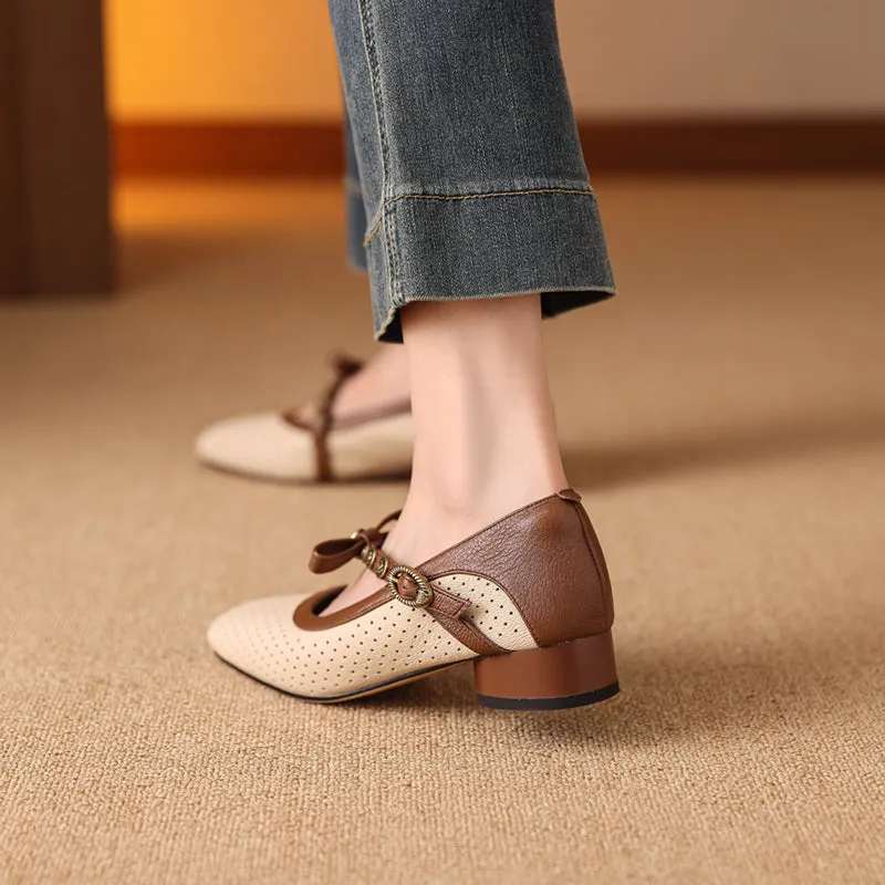 Women's Vintage Patchwork Bow Low Heel Mary Jane Sandals