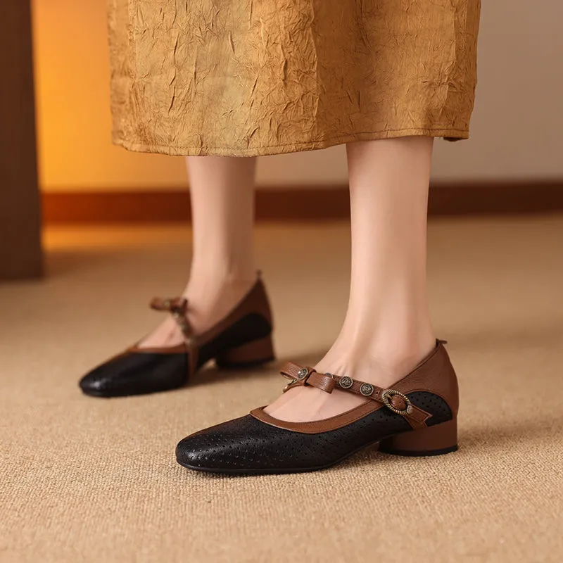 Women's Vintage Patchwork Bow Low Heel Mary Jane Sandals