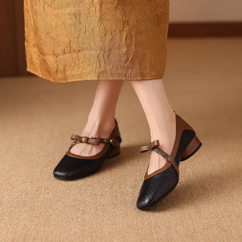 Women's Vintage Patchwork Bow Low Heel Mary Jane Sandals