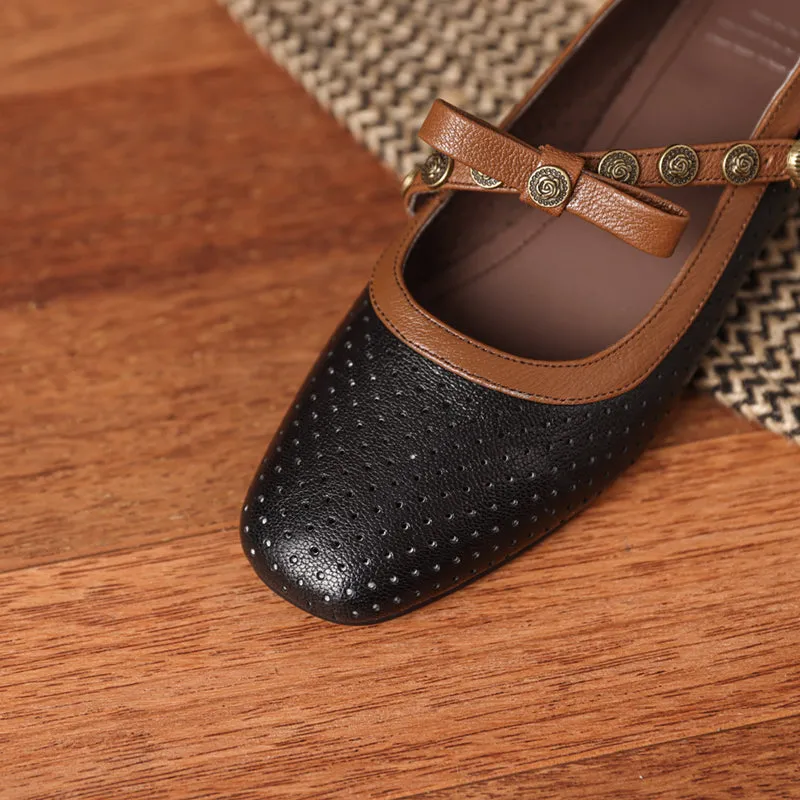 Women's Vintage Patchwork Bow Low Heel Mary Jane Sandals
